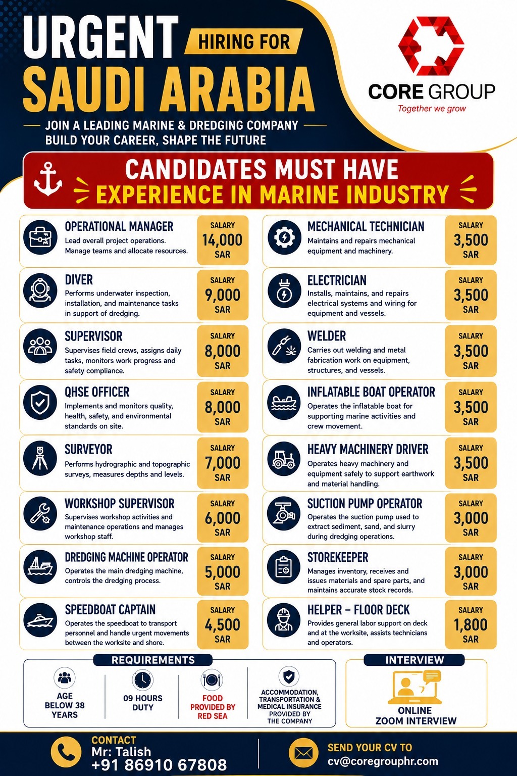 Urgent Hiring for Saudi Arabia - Marine & Dredging Company