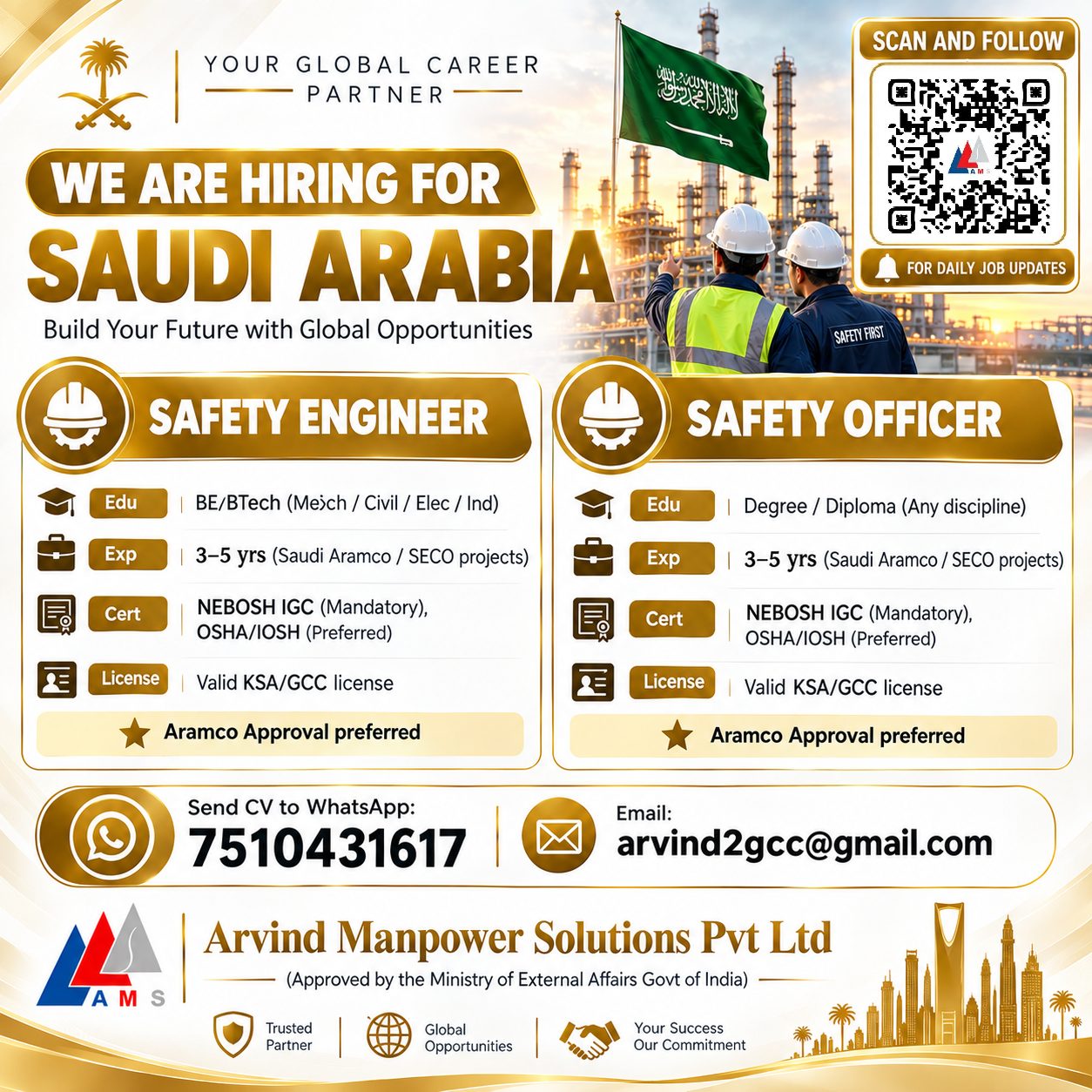 Safety Engineer and Safety Officer — Arvind Manpower Solutions Pvt ltd, Saudi Arabia