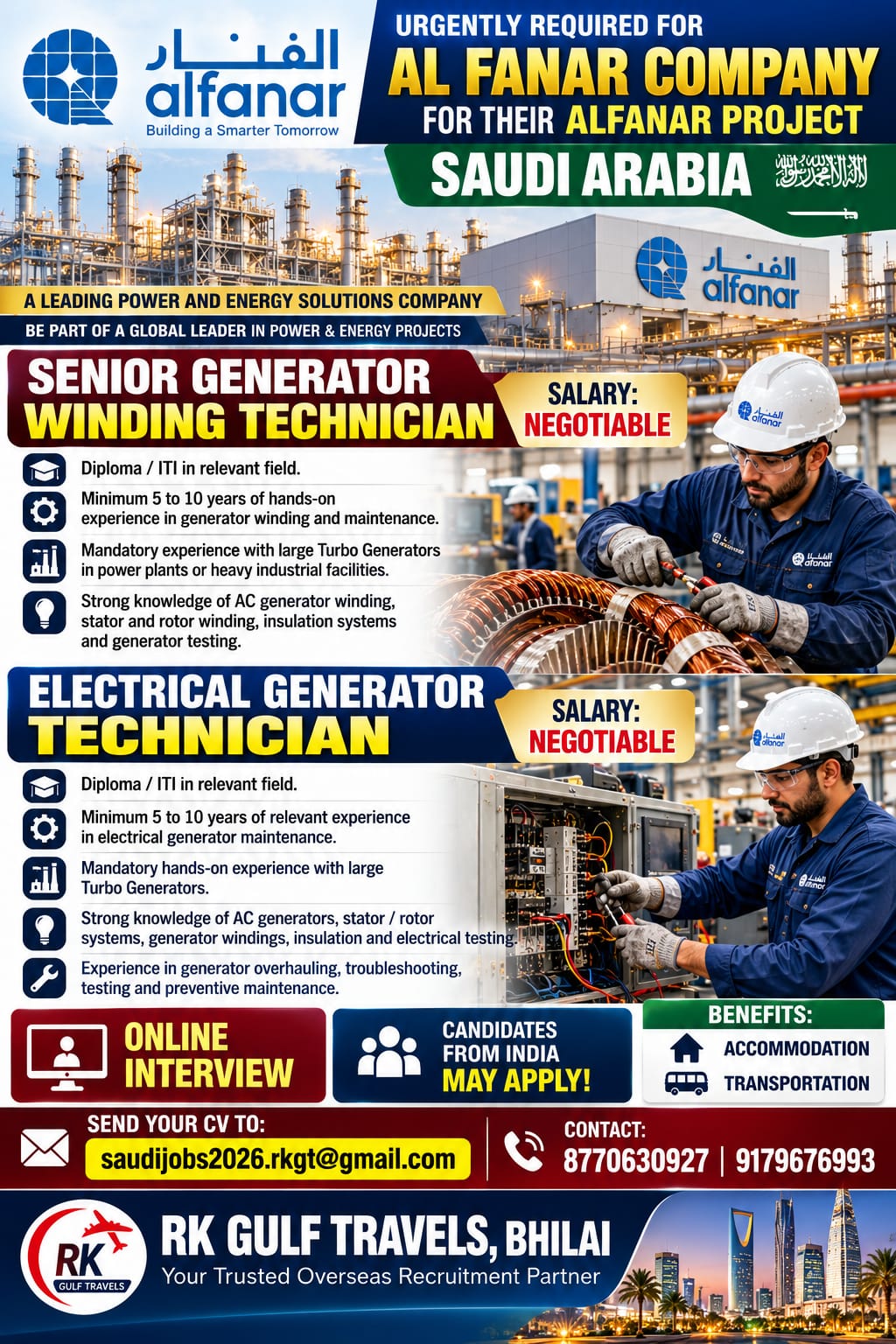 HIRING FOR AL FANAR COMPANY (GENERATOR DIVISION) – SAUDI ARABIA