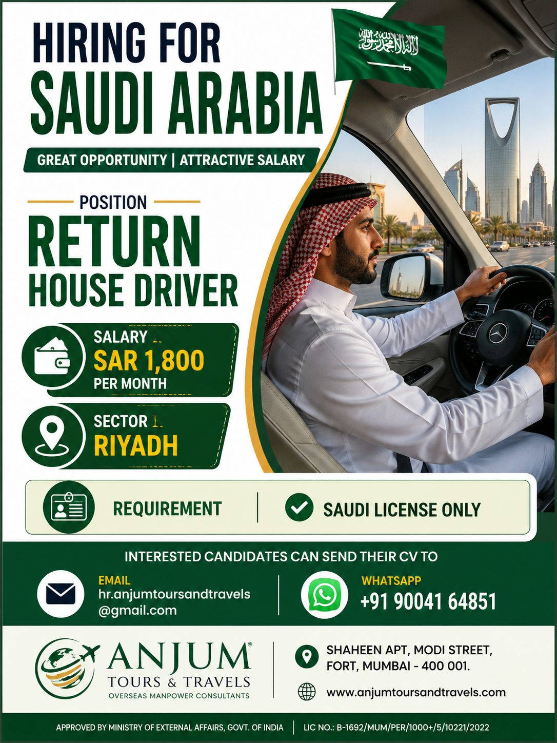 Return House Driver — Anjum Tours And Travels, Saudi Arabia, Saudi Arabia