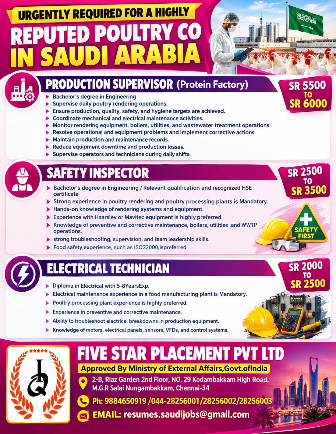 URGENTLY REQUIRED FOR  POULTRY CO IN SAUDI ARABIA