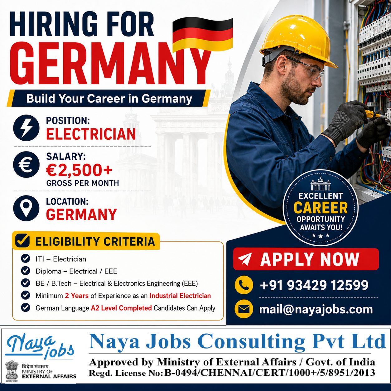 HIRING FOR GERMANY Electrician — Naya Jobs Consulting Pvt Ltd, EUROPE, EUROPE