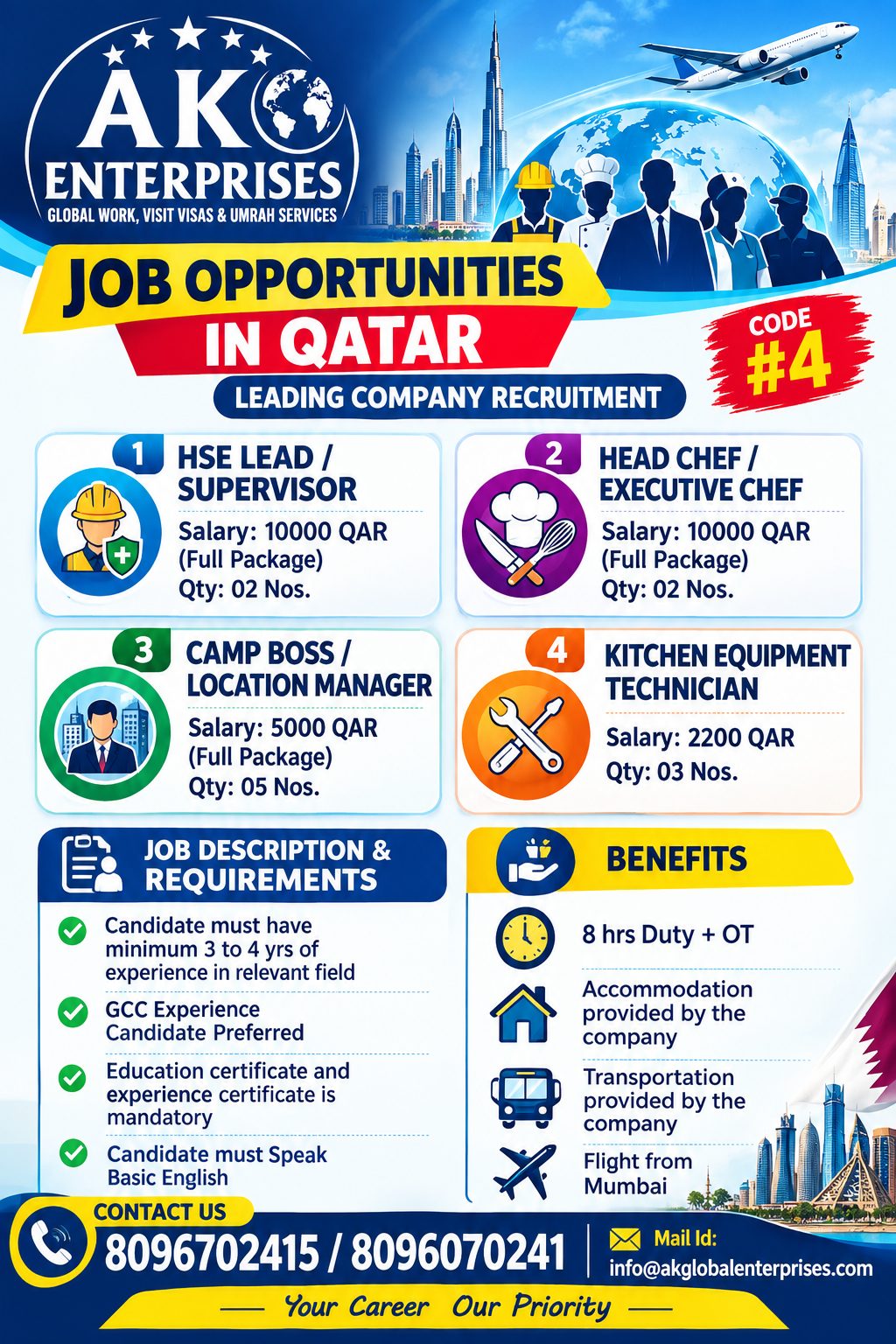 QATAR JOB REQUIREMENT  HSE Lead / Supervisor Head Chef / Executive Chef  Camp Boss / Location Manager  Kitchen Equipment Technician only Muslim Candidate with GCC expeireince — AK ENTERPRISES, Qatar