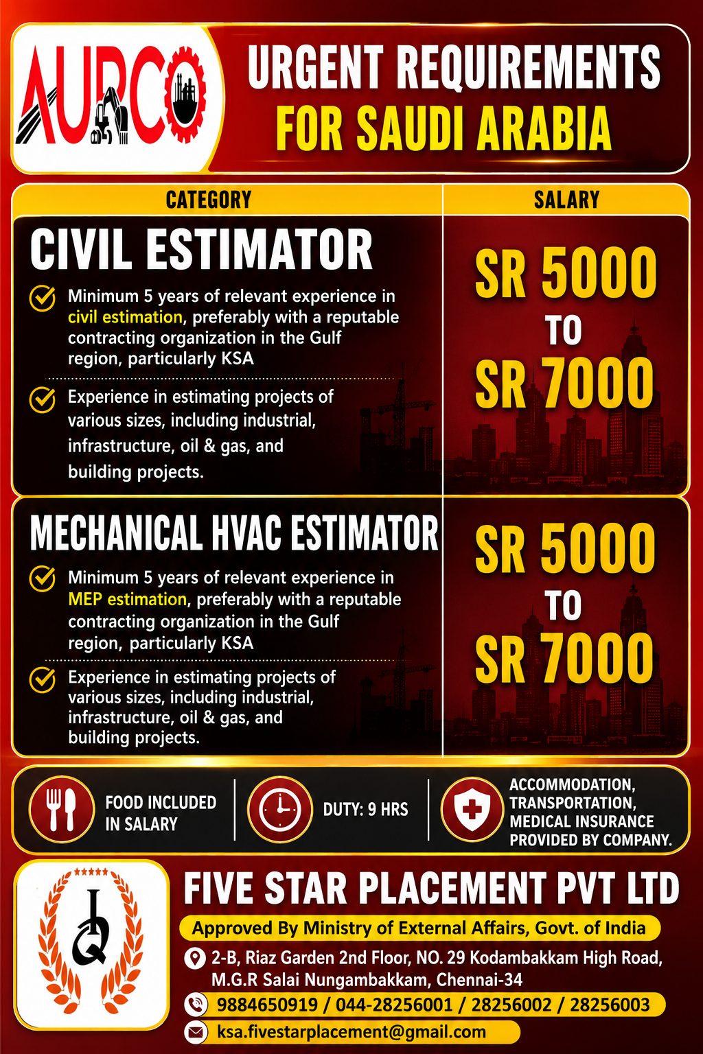 URGENT REQUIREMENTS FOR  AURCO -SAUDI ARABIA