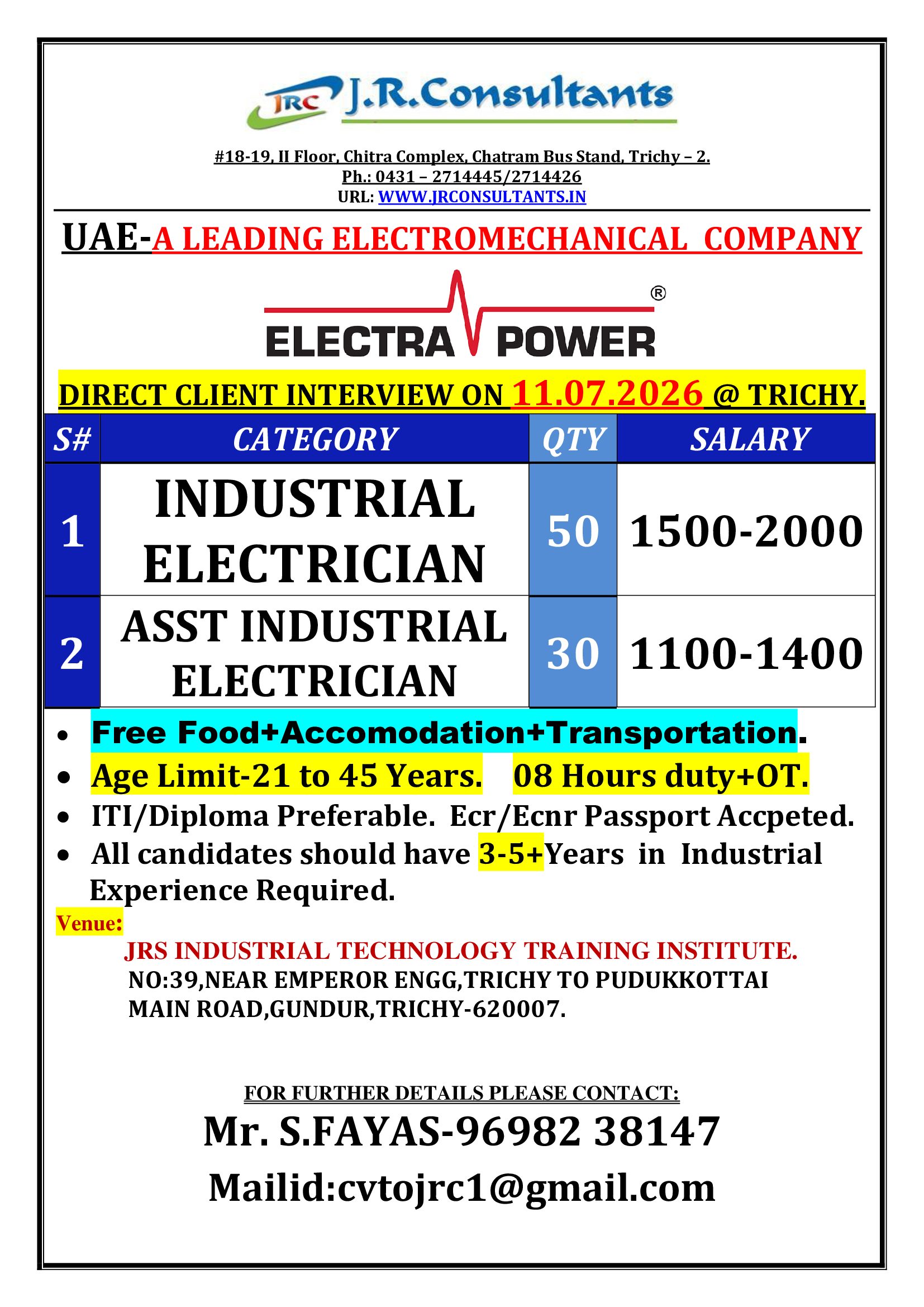 ELECTRICIAN — JR CONSULTANTS, DUBAI, DUBAI