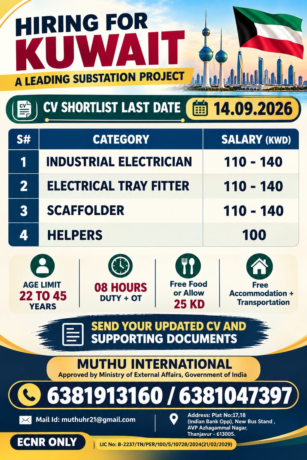 Hiring for Kuwait - A Leading Substion Project — MUTHU INTERNATIONAL, Kuwait