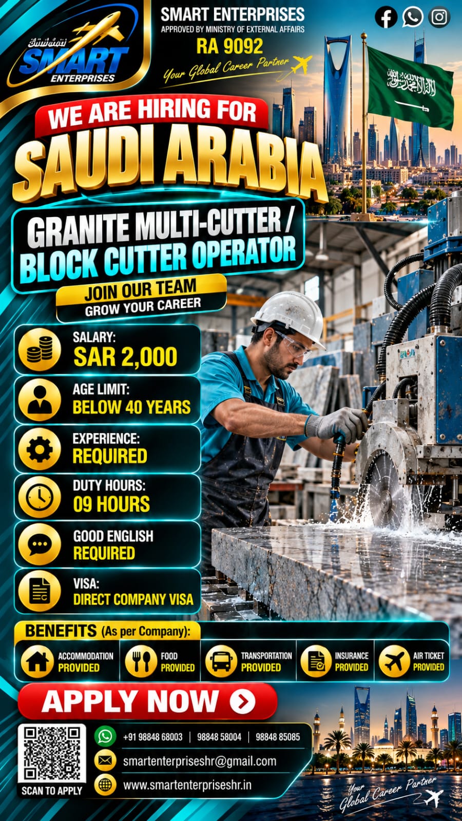 GRANITE MULTI-CUTTER / BLOCK CUTTER OPERATOR — smartenterpriseshr@gmail.com, SAUDI ARABIA