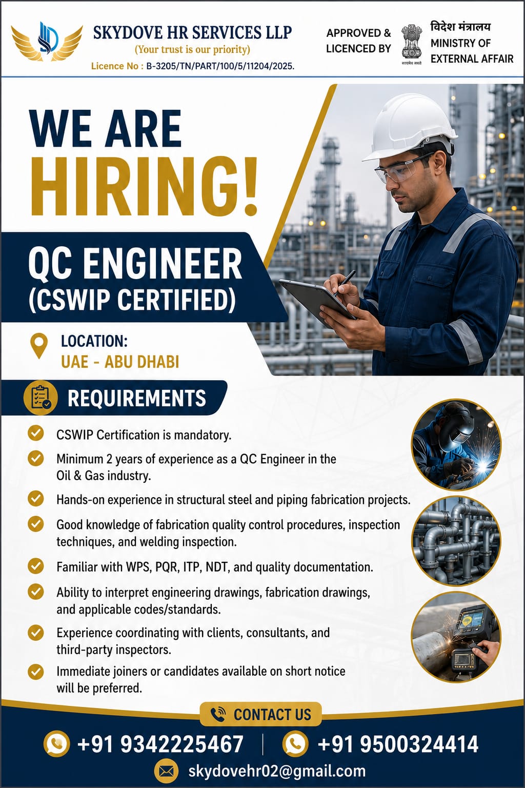 QC -Engineer — SKY DOVE HR SERVICES LLP, UAE -Abudhabi, UAE -Abudhabi