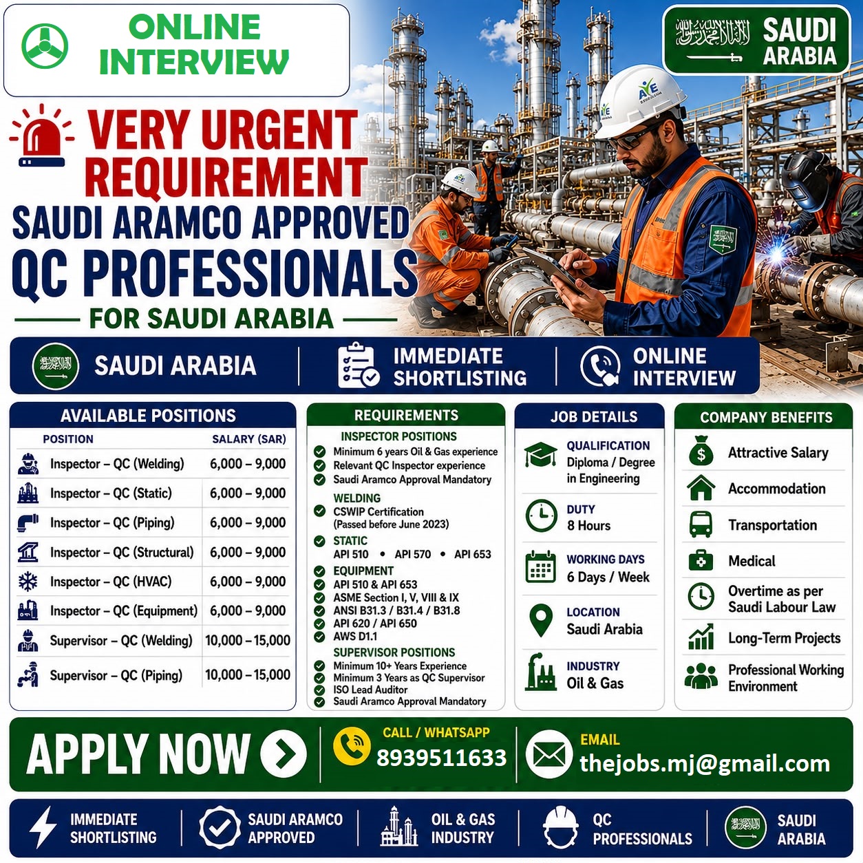 Hiring for Oil & Gas Project — M J INTERNATIONAL, Saudi, Saudi