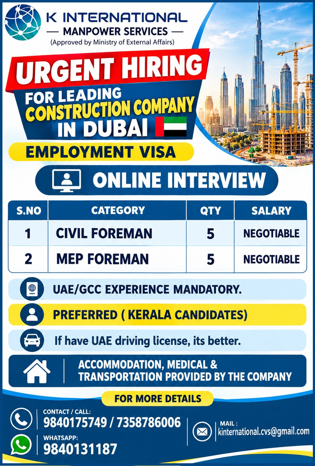 Urgent Hiring for Leading Construction Company in Dubai