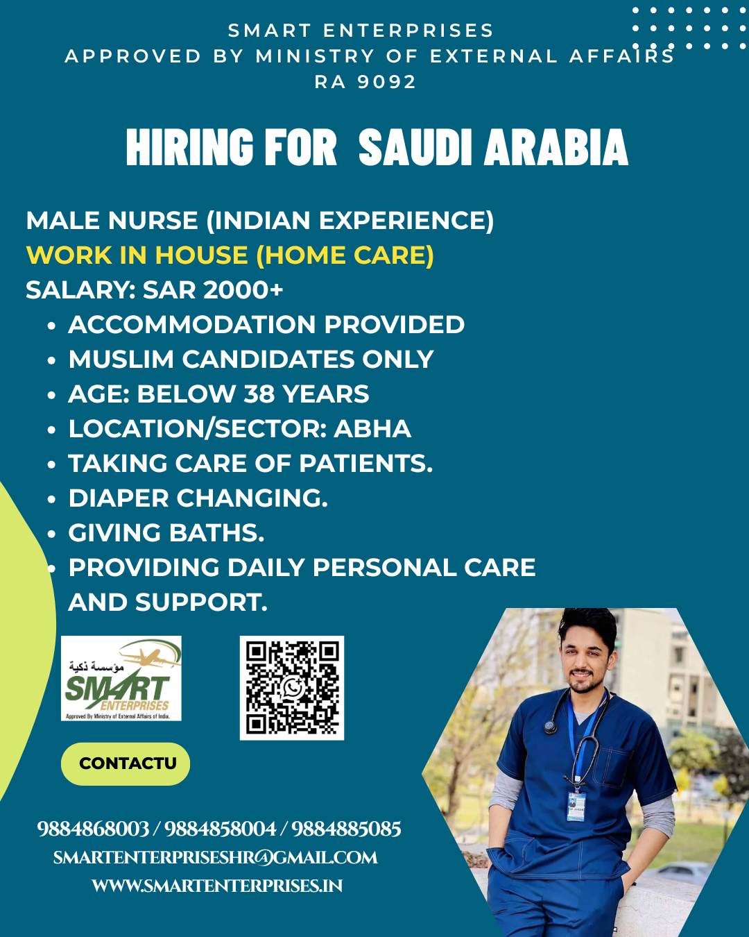 Male Nurse (Indian Experience) Work in House (Home Care) — smartenterpriseshr@gmail.com, SAUDI ARABIA, SAUDI ARABIA