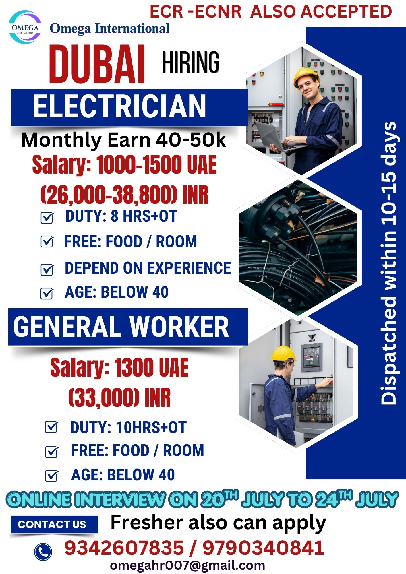 URGENT  FOR ELECTRICIAN AND GENERAL HELPERS — OMEGA INTERNATIONAL HR SOLUTIONS, DUBAI, DUBAI