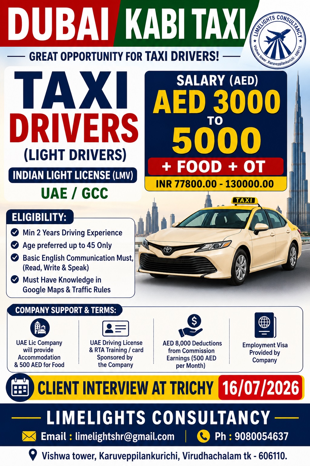 Taxi Drivers (Light Drivers) — Limelights consultant, UAE, UAE