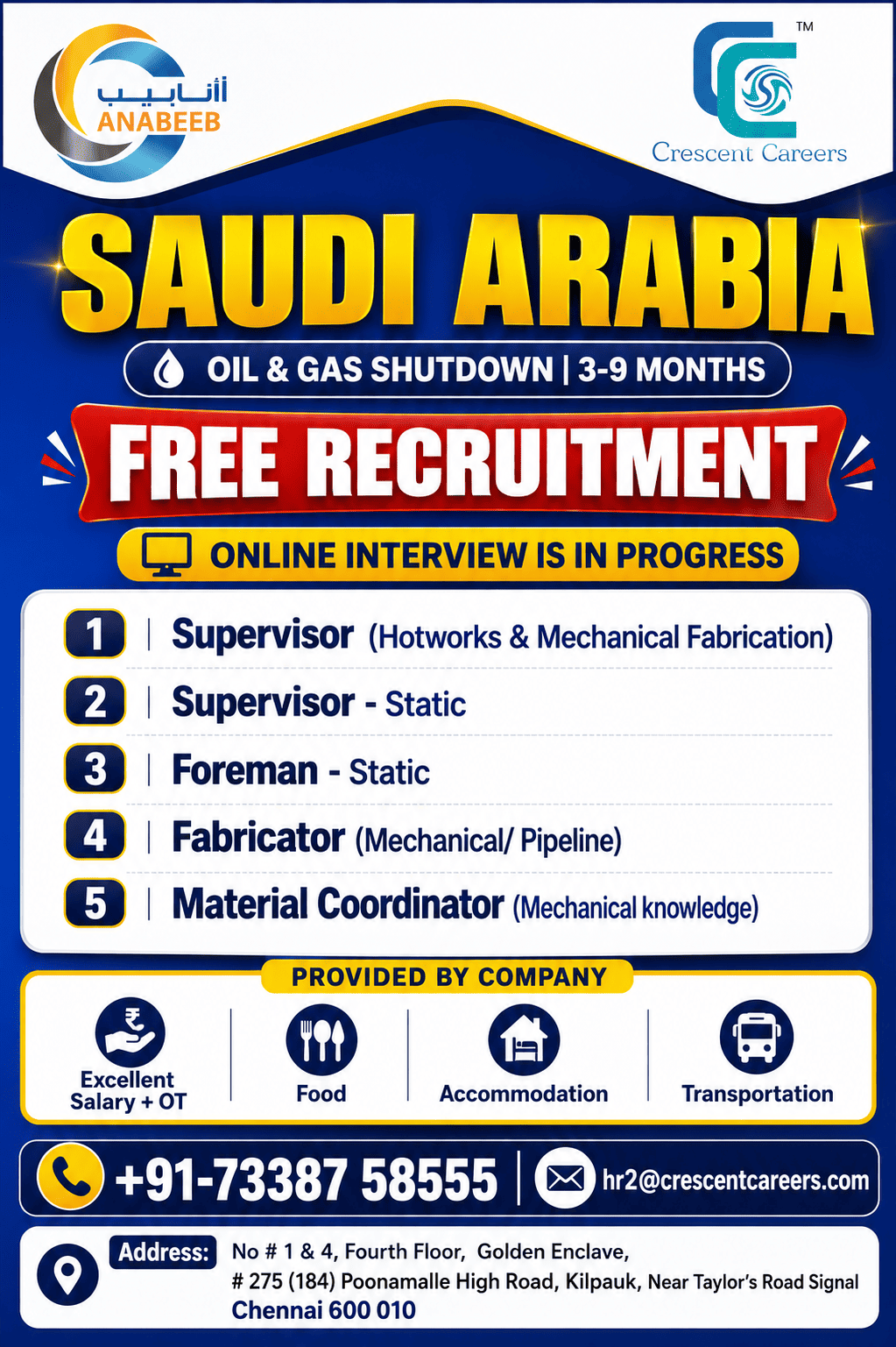 SAUDI ARABIA OIL & GAS PROJECT - FREE RECRUITMENT