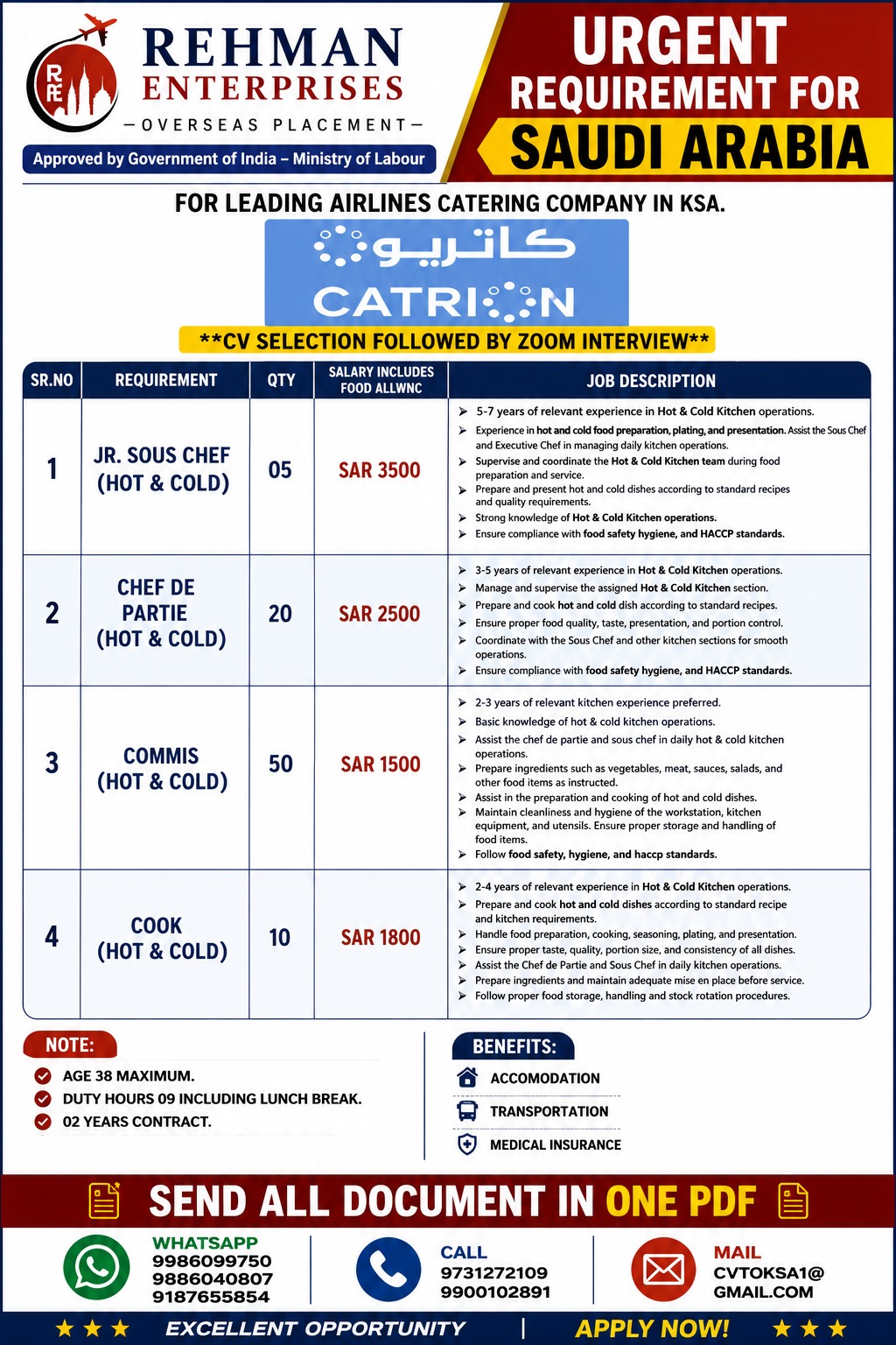 Urgent Requirement for Saudi Arabia - Leading Airlines Catering Company — Rehman Enterprises, Saudi Arabia, Saudi Arabia