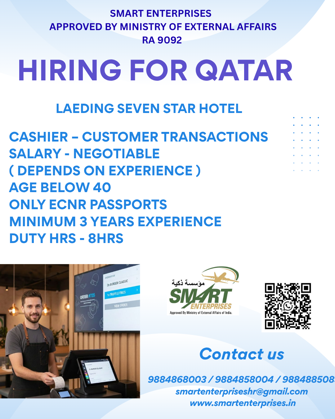 Cashier – Customer Transactions — smartenterpriseshr@gmail.com, QATAR, QATAR