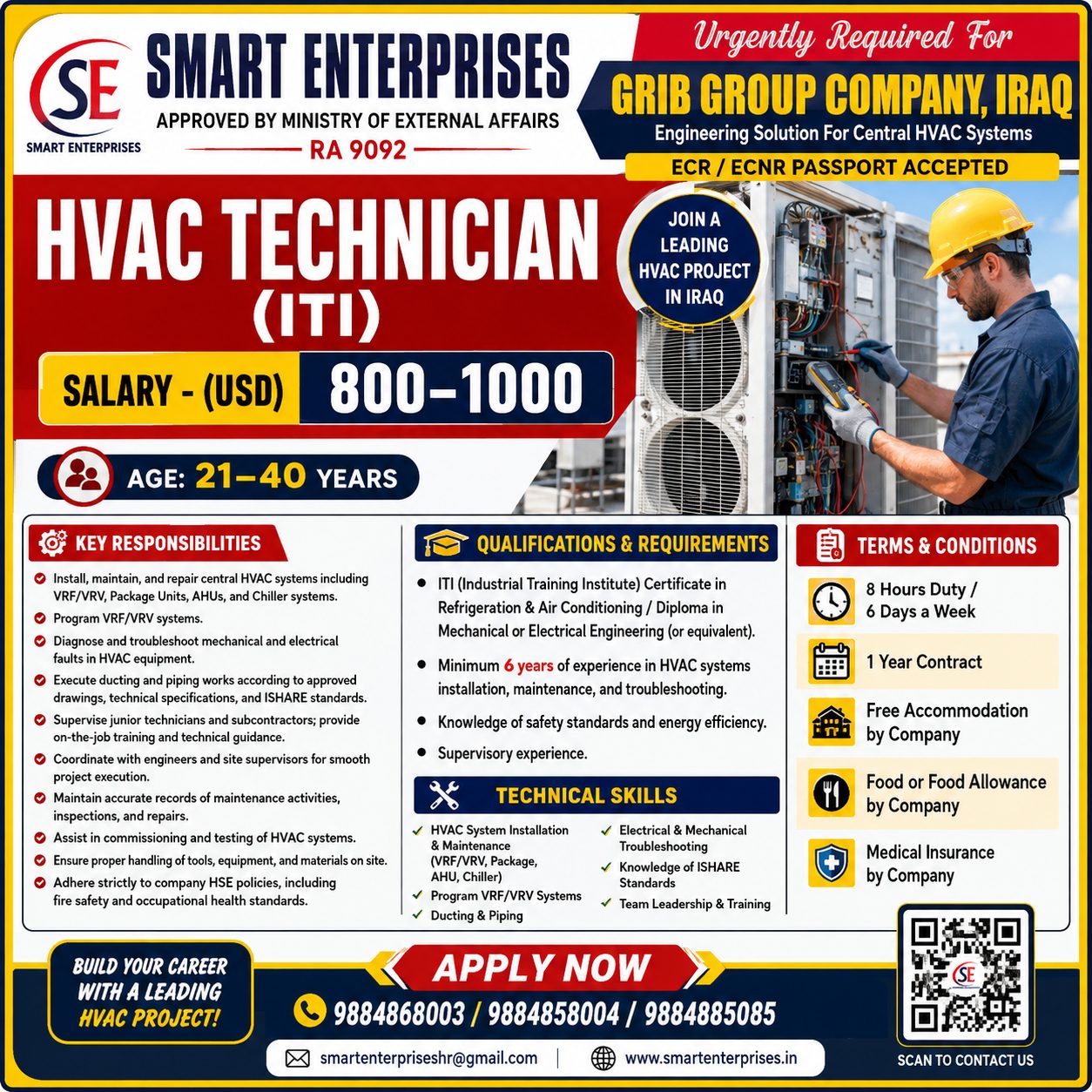 HVAC TECHNICIAN (ITI) — smartenterpriseshr@gmail.com, IRAQ, IRAQ