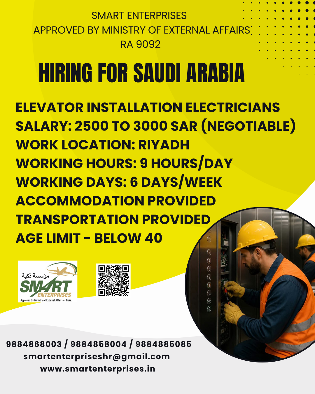 Elevator Installation Electricians — smartenterpriseshr@gmail.com, SAUDI ARABIA