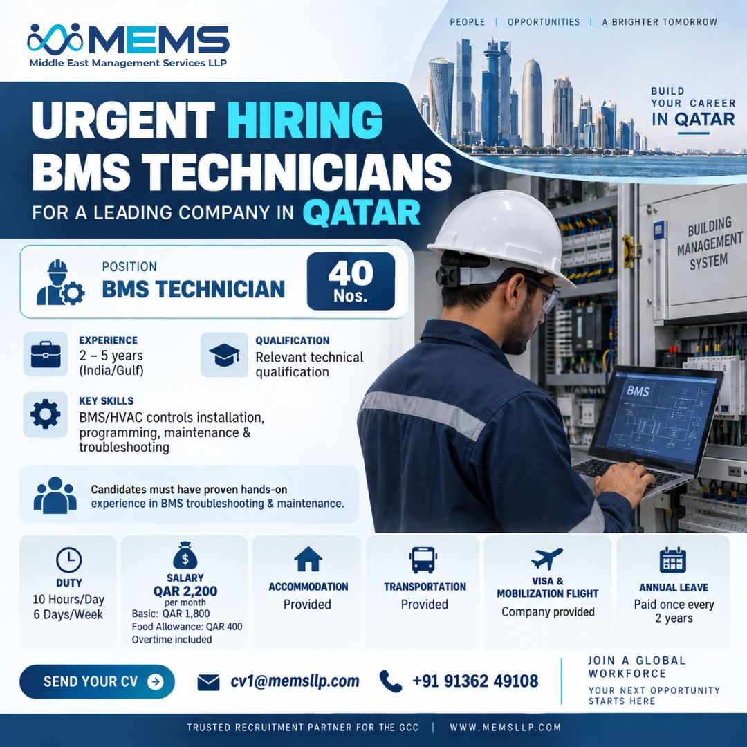 Hiring for BMS Technician for Qatar