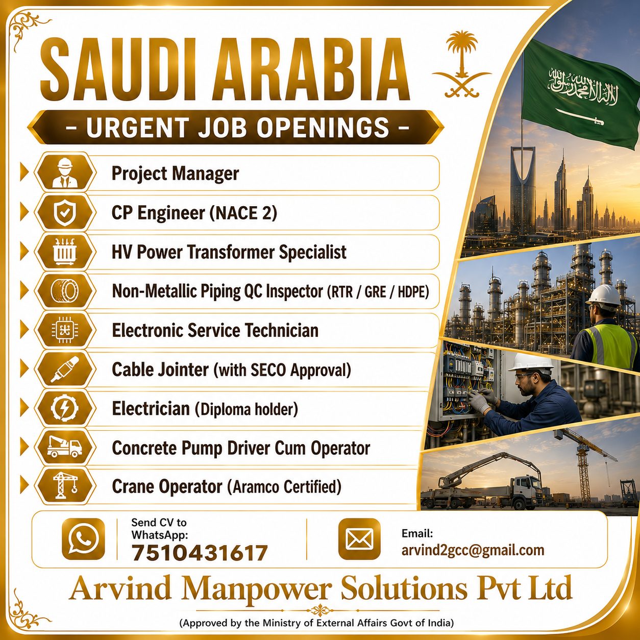 Saudi Job Vacancy — Arvind Manpower Solutions Pvt ltd, Saudi Arabia, Saudi Arabia