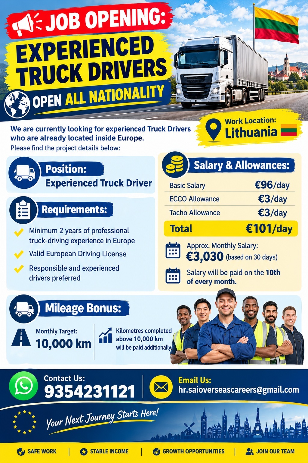 🚨 JOB OPENING: EXPERIENCED TRUCK DRIVERS – LITHUANIA 🇱🇹 🚨  🌍 Open to All Nationalities — Sai Overseas Careers, Lithuania, Lithuania