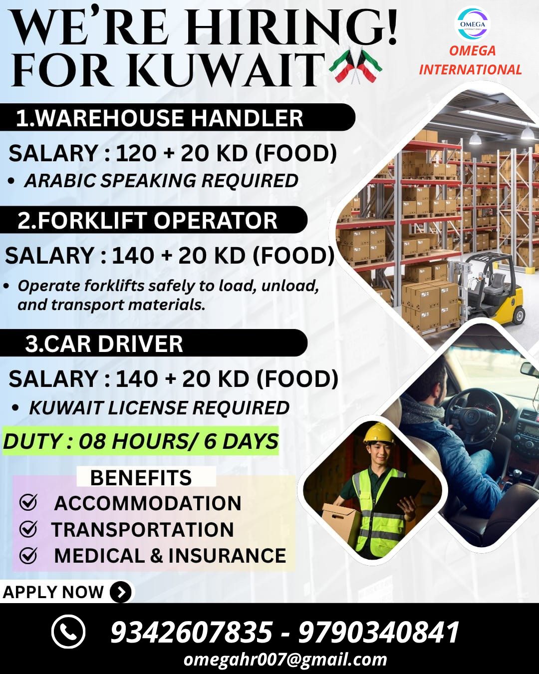 WANTED FOR WAREHOUSE HANDLER,FORKLIFT OPERATORS,CAR DRIVER