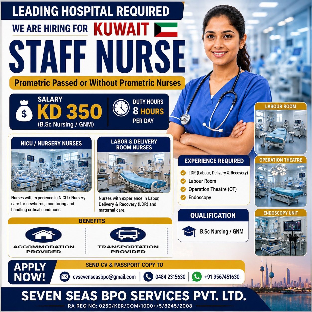 URGENT HIRING FOR KUWAIT STAFF NURSE — Seven Seas BPO Services (P) Ltd, KUWAIT