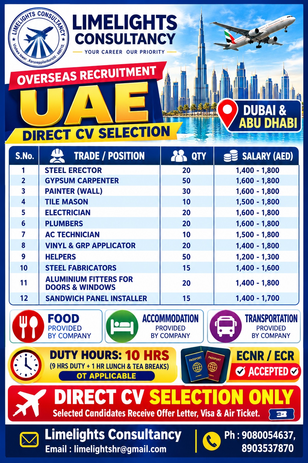 UAE Direct CV Selection - Construction & Technical Positions — Limelights consultant, United Arab Emirates