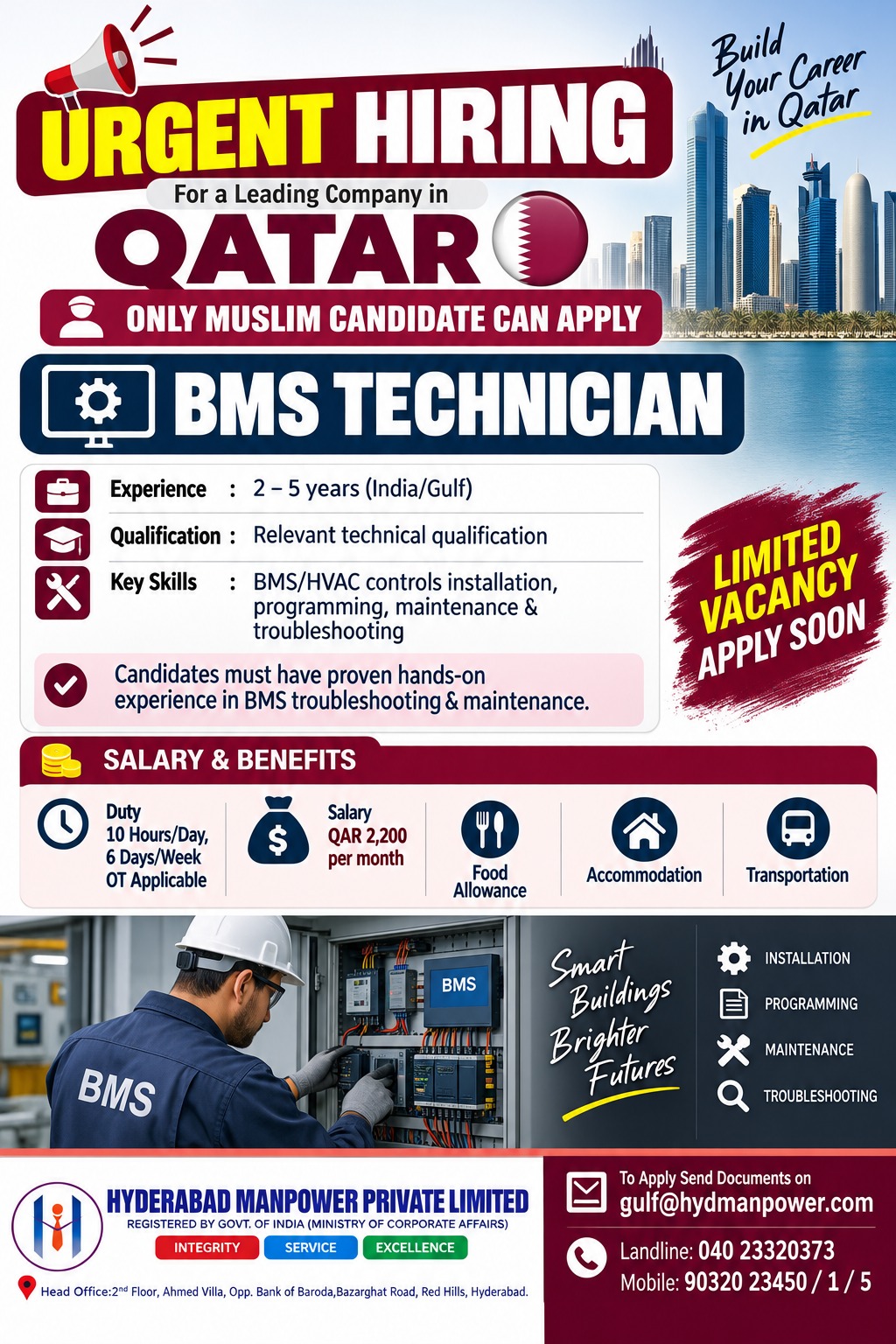 Hiring for BMS Technician Qatar