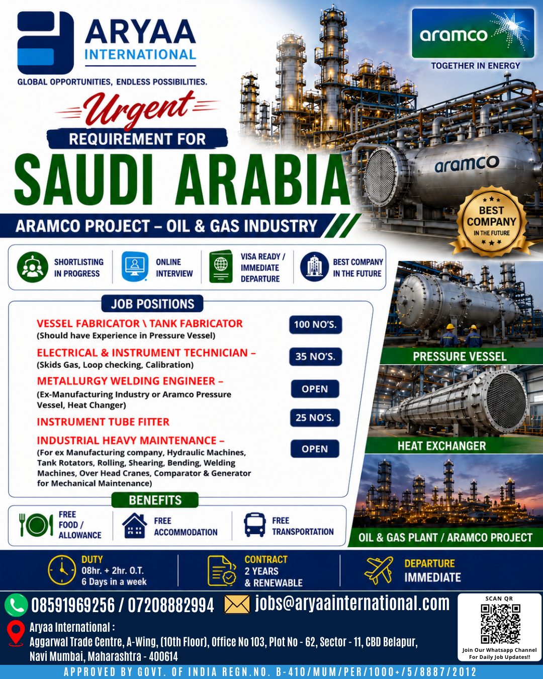 Urgent Requirement for Saudi Arabia - Aramco Project Oil & Gas Industry — Aryaa International, Saudi Arabia, Saudi Arabia