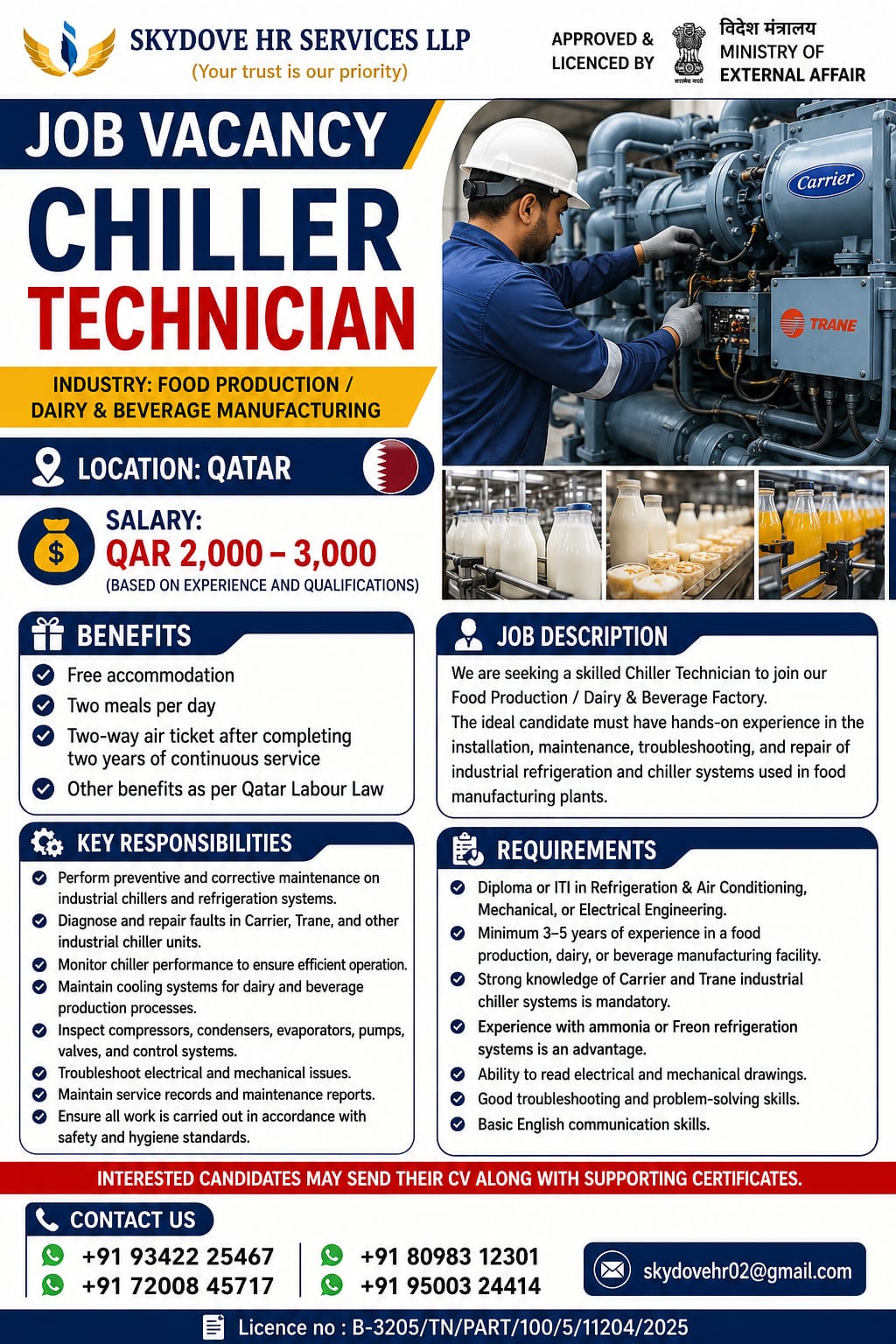 Chiller Technician — SKY DOVE HR SERVICES LLP, Qatar, Qatar