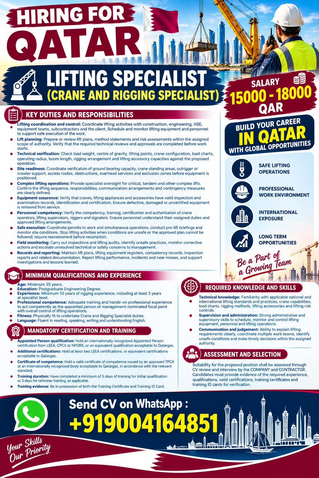 Lifting Specialist (Crane and Rigging Specialist) — Azeem Consultancy, Qatar, Qatar