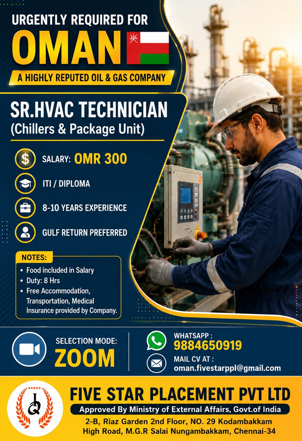 URGENT REQUIREMENT FOR OMAN - SR HVAC TECHNICIAN — Five Star Placement Pvt Ltd, OMAN, OMAN