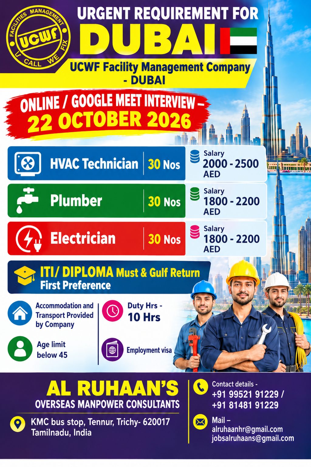 Urgent Requirement for Dubai — AL RUHAAN OVERSEAS MANPOWER CONSULTANTS, UAE, UAE