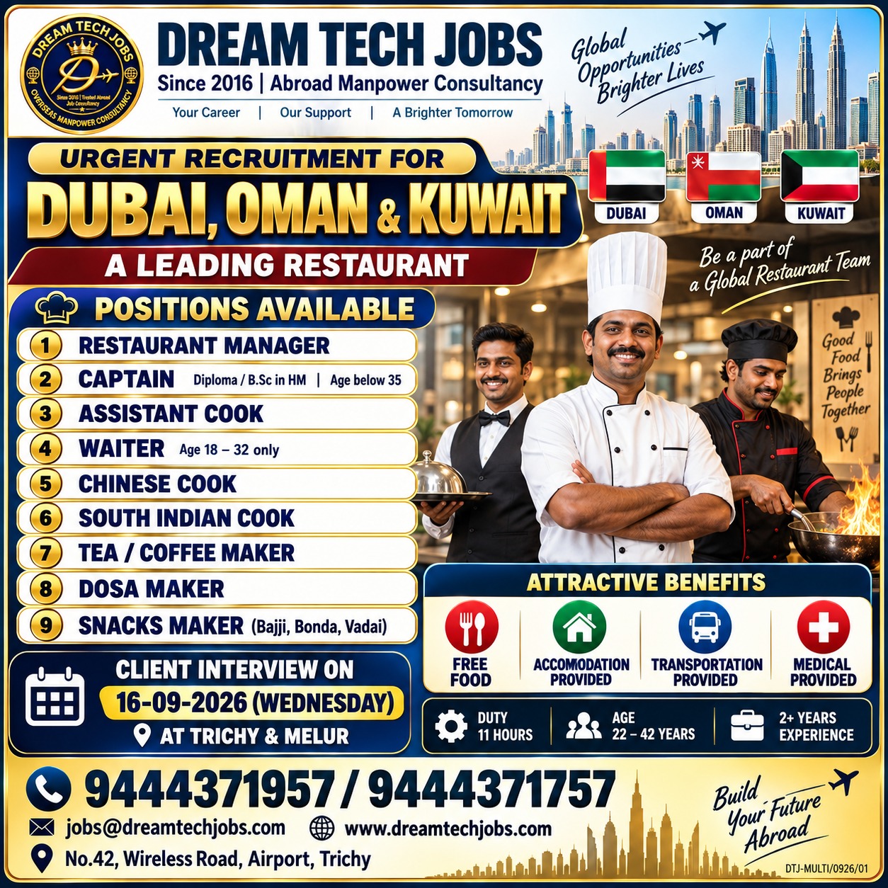 Restaurant Staff Recruitment - Dubai, Oman & Kuwait — DREAM TECH JOBS -TRICHY, United Arab Emirates, Oman, Kuwait