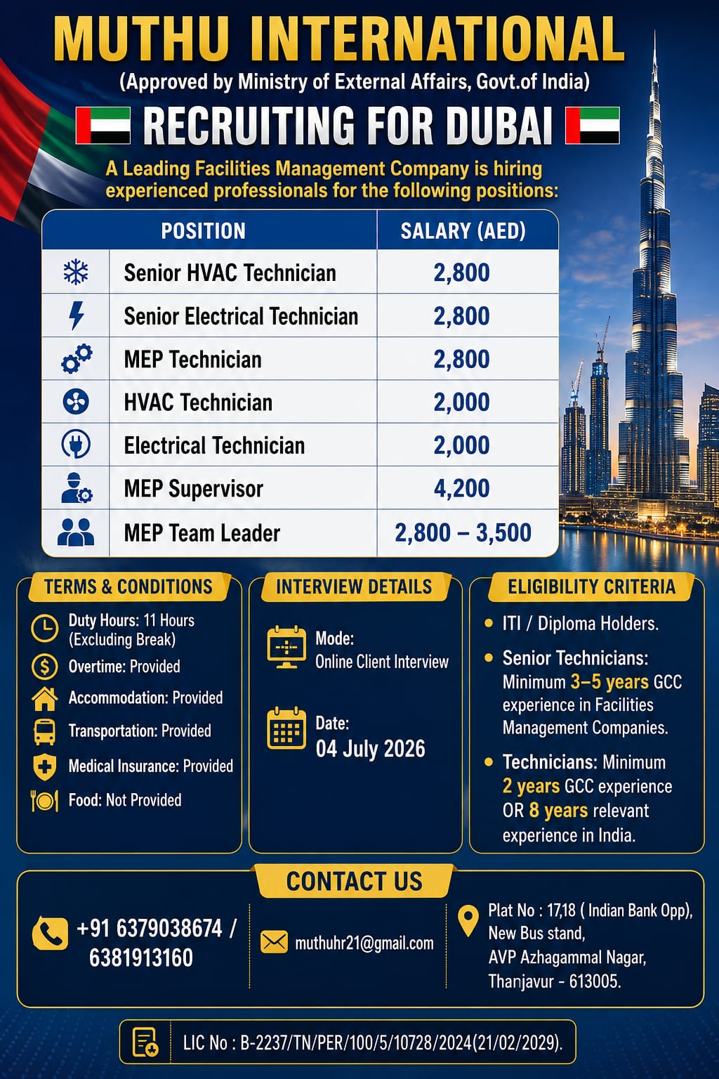 Mep Technician — MUTHU INTERNATIONAL, Dubai, Dubai