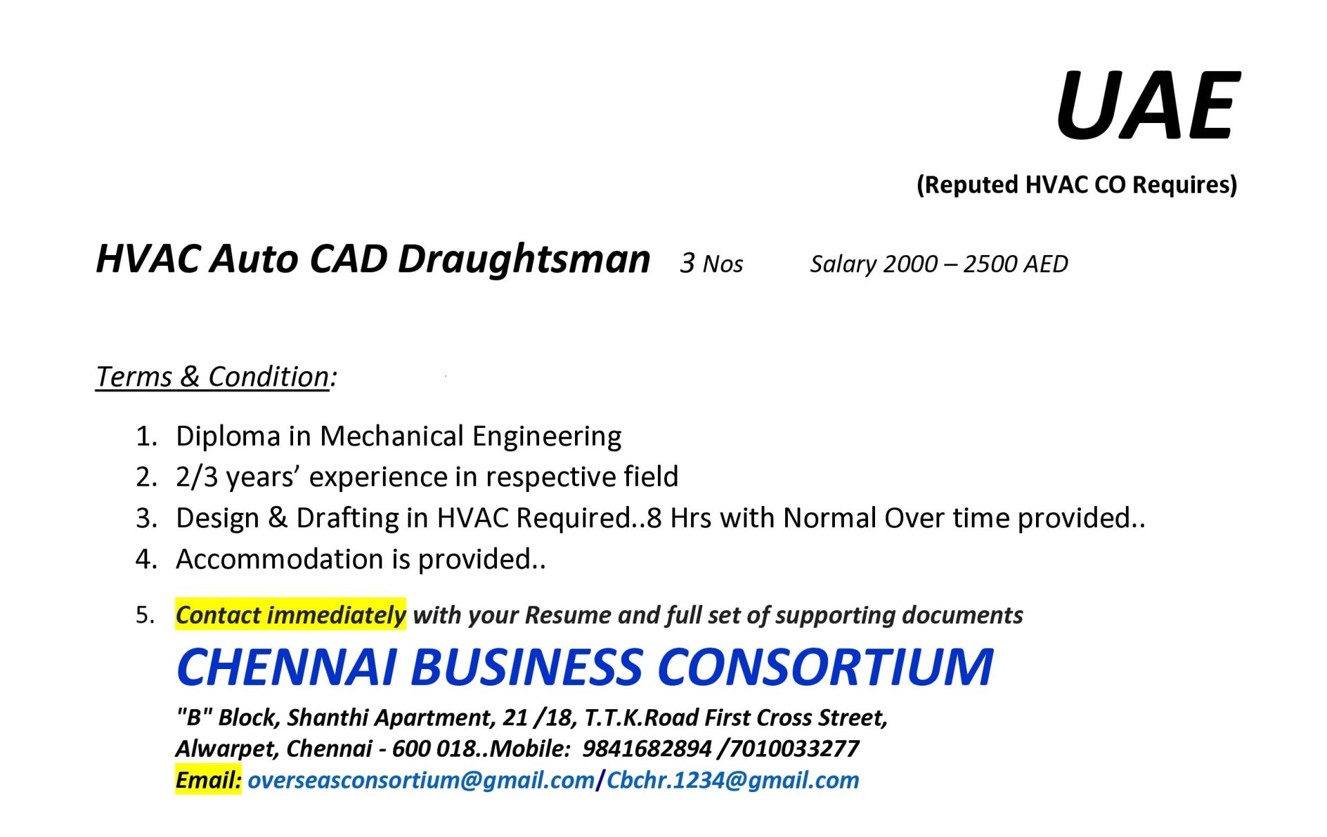 HVAC Autocad Draftsman — CHENNAI BUSINESS CONSORTIUM, UAE