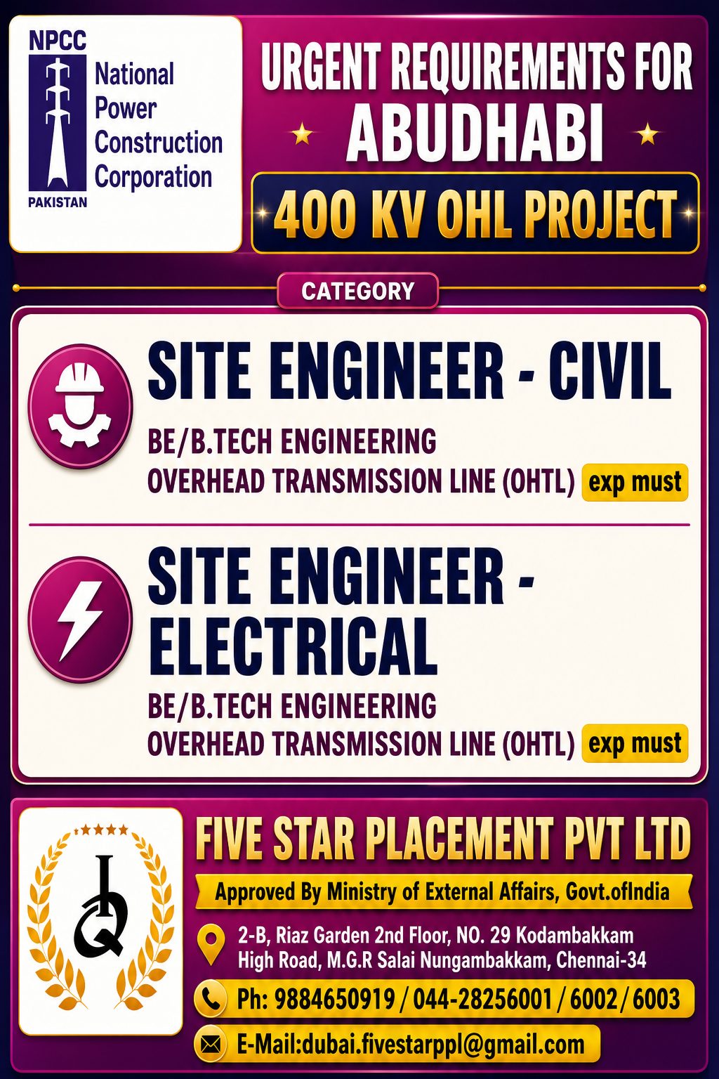 URGENT REQUIREMENTS FOR ABUDHABI - OHTL — Five Star Placement Pvt Ltd, UAE