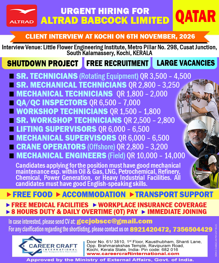 Client Interview at Kochi on 6th November, 2026 for Altrad Babcock Limited, Qatar –