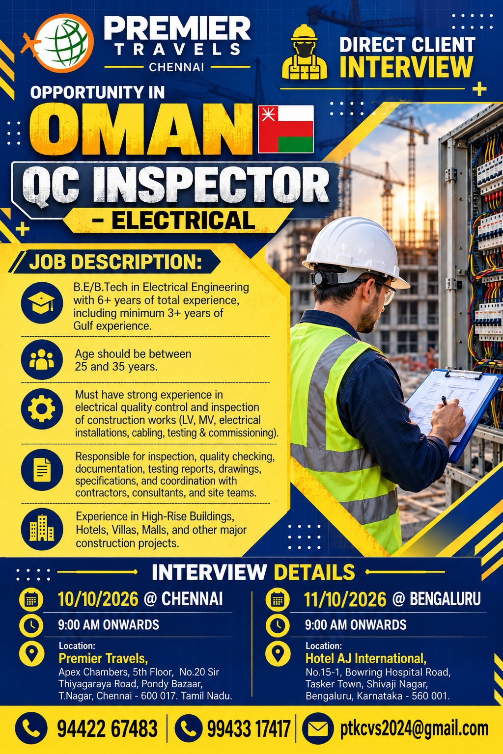 QC Inspector - Electrical — Premier Travels, Oman, Oman
