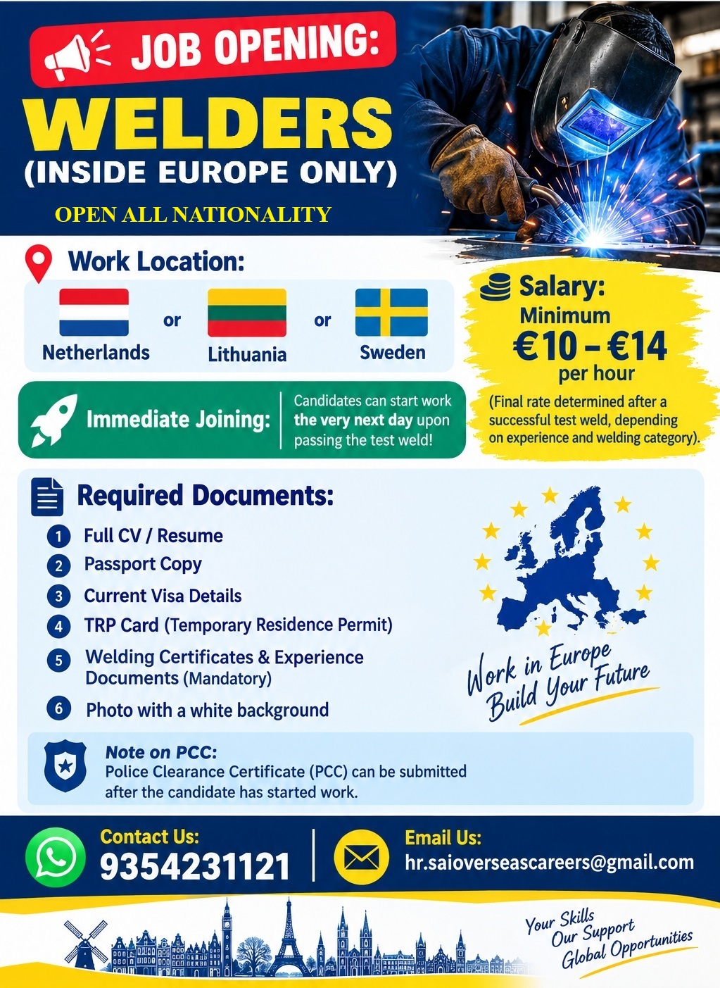 🚨 JOB OPENING: WELDERS – INSIDE EUROPE ONLY 🚨 — Sai Overseas Careers, Netherlands | 🇱🇹 Lithuania | 🇸🇪 Sweden, Netherlands | 🇱🇹 Lithuania | 🇸🇪 Sweden