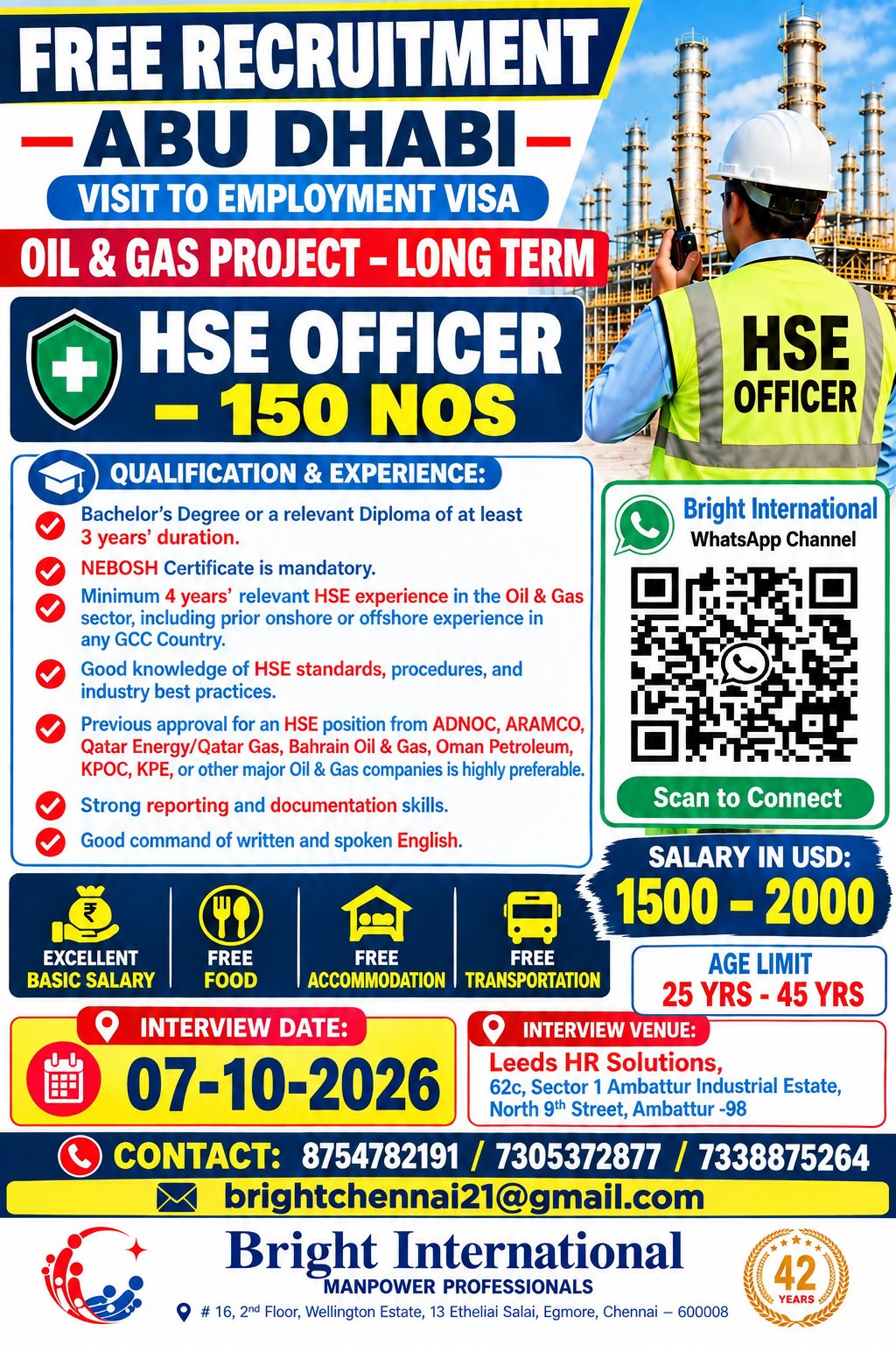 ***UAE FREE RECRUITMENT - (LONG TERM) *** — Bright International, Chennai, UAE, UAE