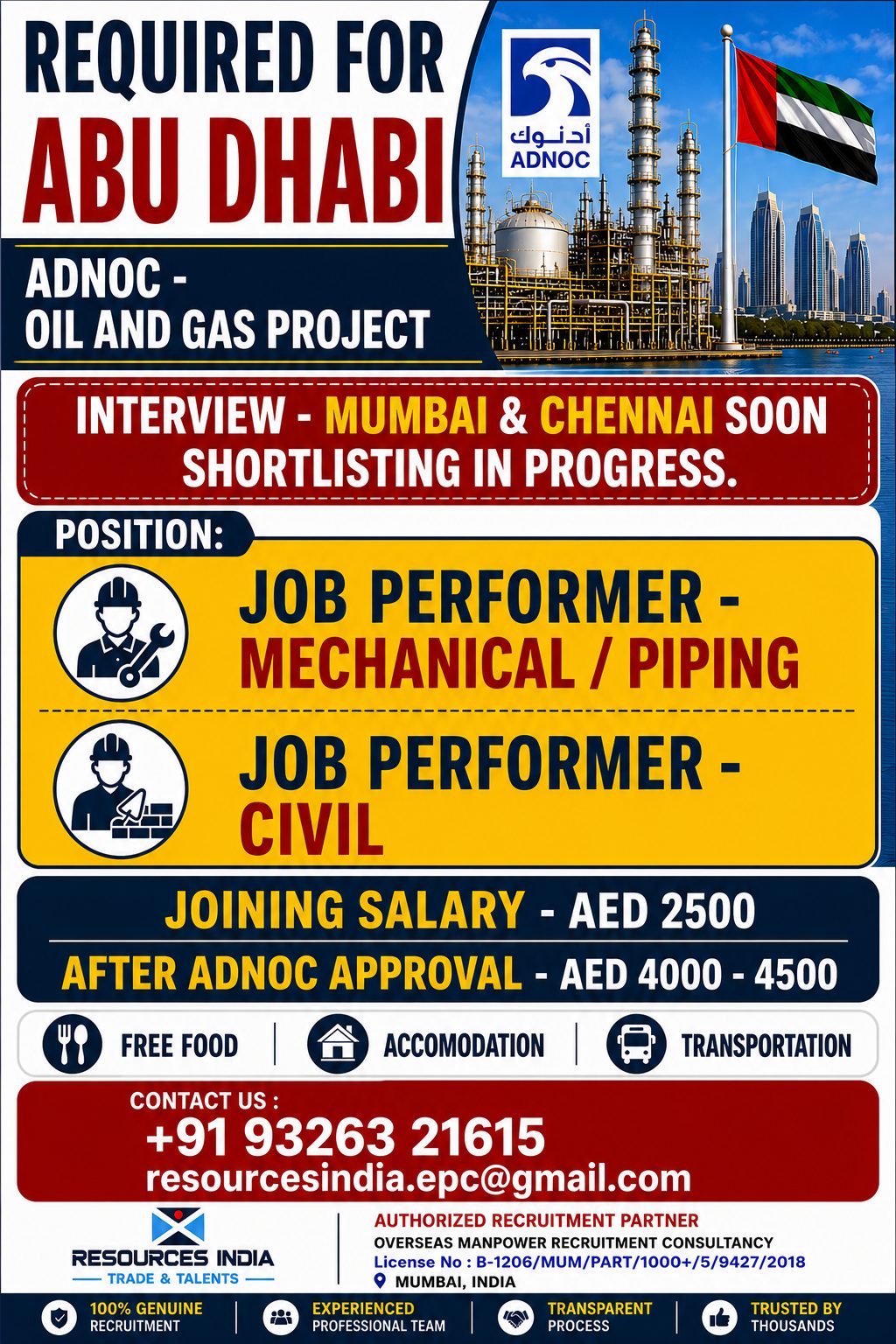 Required Job Performers - Abu Dhabi -  Adnoc Project