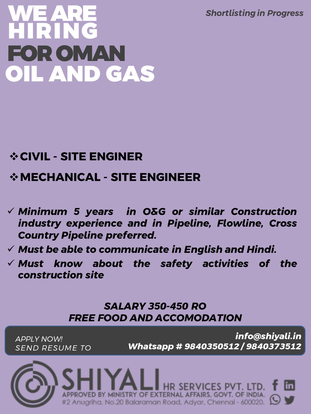 Site Engineer - Civil & Mechanical — SHIYALI HR SERVICES, India, India