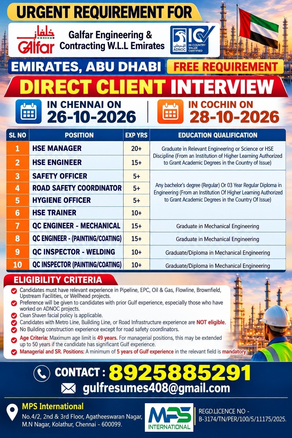 Urgent Requirement for Galfar Engineering & Contracting W.L.L Emirates — MPS INTERNATIONAL, United Arab Emirates