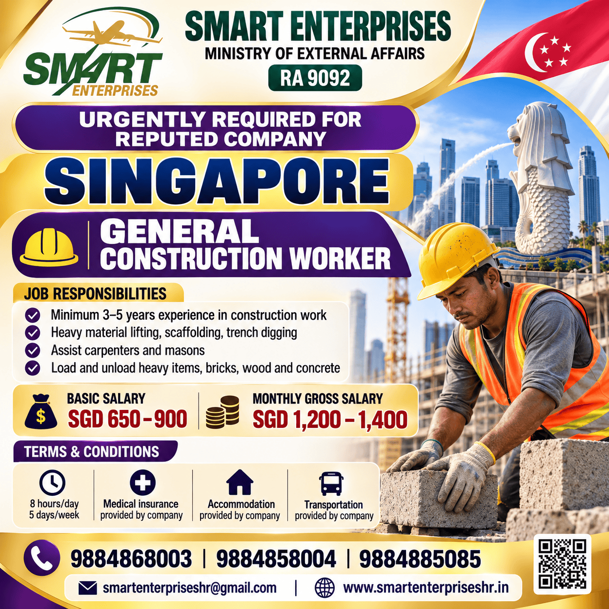 GENERAL CONSTRUCTION WORKER — smartenterpriseshr@gmail.com, SINGAPORE, SINGAPORE