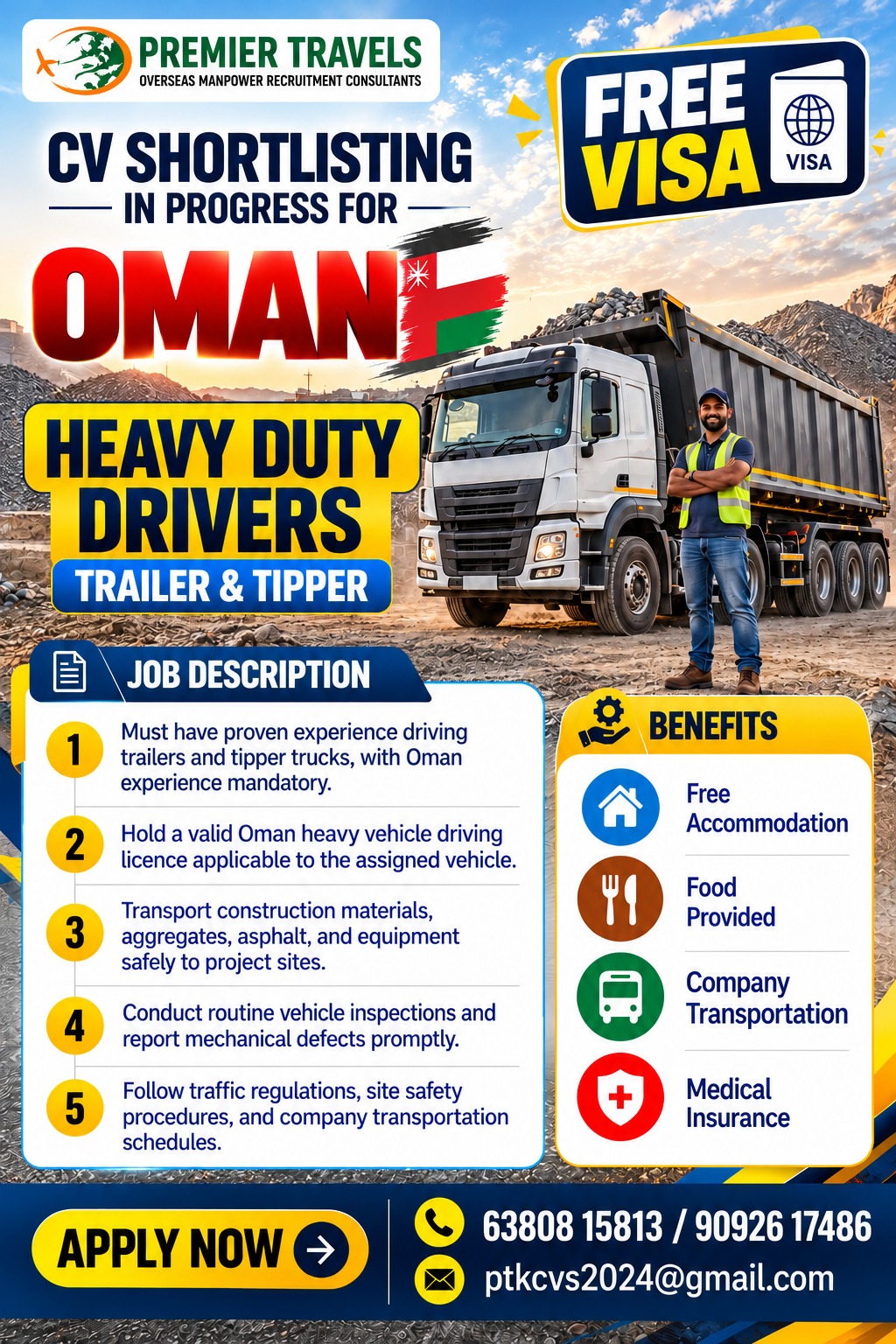 Heavy Duty Drivers- Trailer & Tipper — Premier Travels, Oman