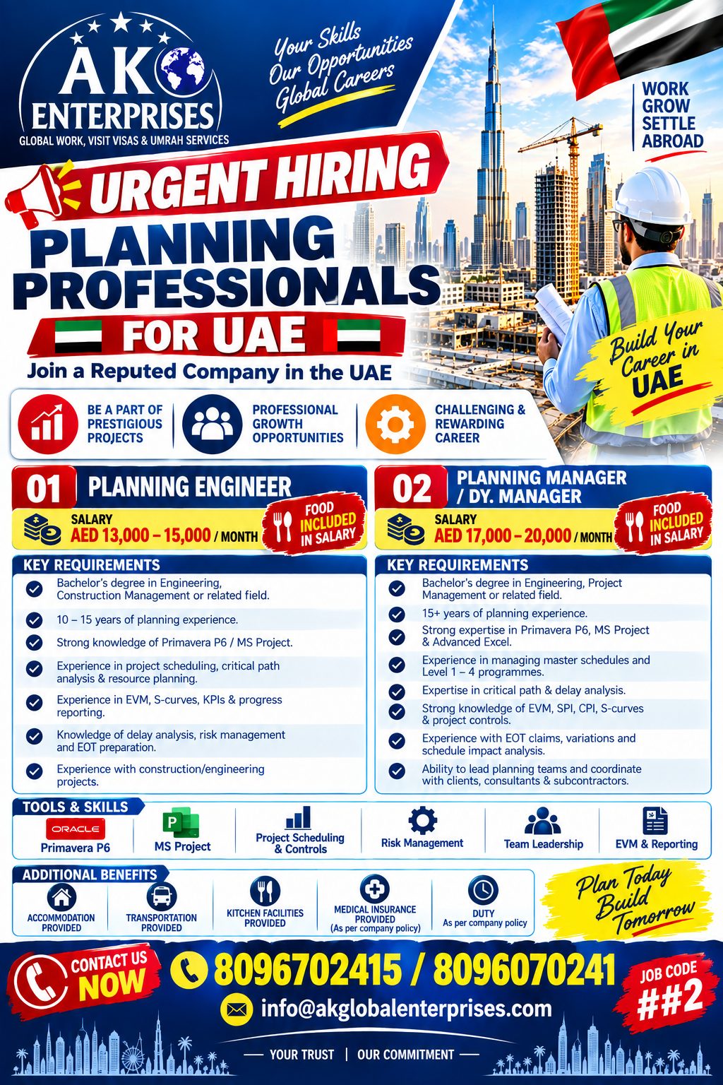 Hiring for: Planning Professionals Positions: Planning Engineer & Planning Manager / Dy. Manager for UAE — AK ENTERPRISES, UAE