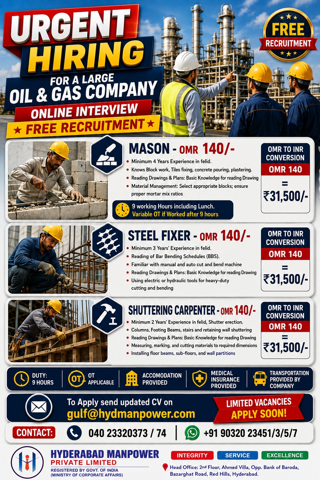 Hiring Mason & Other for Oman