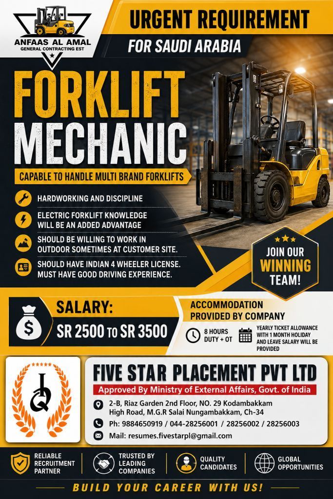 URGENT REQUIREMENT FOR SAUDI ARABIA - FORKLIFT MECHANIC — Five Star Placement Pvt Ltd, SAUDI ARABIA, SAUDI ARABIA